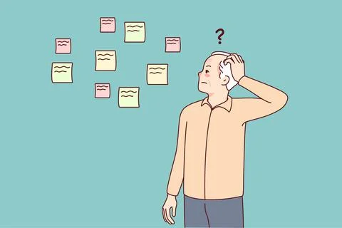 Old man use notes suffering from memory loss 스톡 일러스트