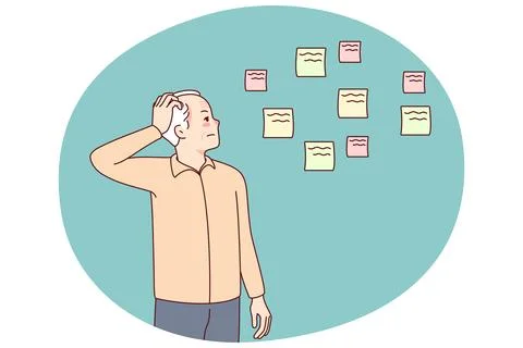 Old man use notes suffering from memory loss 스톡 일러스트