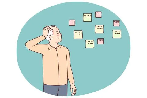 Old man use notes suffering from memory loss Elderly man making notes suff... Foto stock