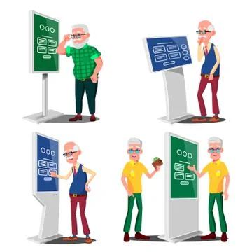 Old Man Using ATM, Digital Terminal Vector. Set. LCD Digital Signage For Indoor イラスト素材