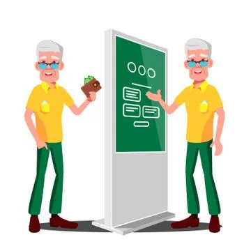 Old Man Using ATM, Digital Terminal . Showcasing Information, Advertising Stock Illustration