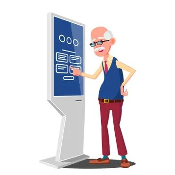 Old Man Using ATM Machine, Digital Terminal Vector. Digital Kiosk LED Display Stock Illustration
