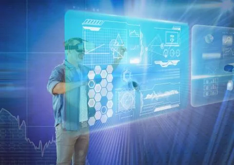 Old man using vr headset interface Foto stock