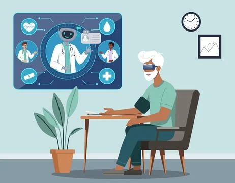 Old Man Using VR Telemedicine Stock Illustration