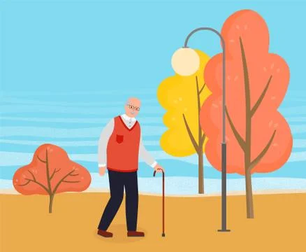 Old man vector illustration. An elderly man with glasses and walking cane in Stock Illustration