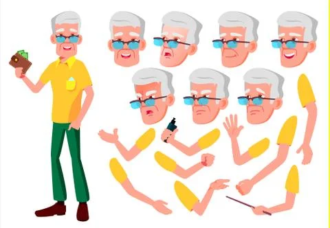 Old Man Vector. Senior Person. Aged, Elderly People. Face Emotions, Various Stock Illustration