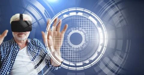 Old Man with virtual reality headset and Glowing circle technology interface Stock Photos