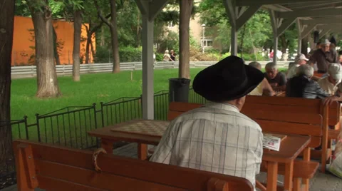 Old Man Waiting For An Opponent To Play A Chess Game, Elderly, Retired,Park Pan Video stock 39559209