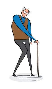 Old man walking with his walking stick, hand-drawn vector illustration. Black Stock Illustration