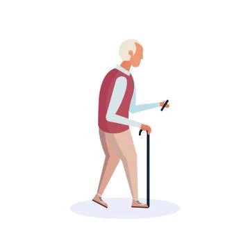 Old man walking stick using smartphone elderly grandfather walk isolated cartoon Stock Illustration