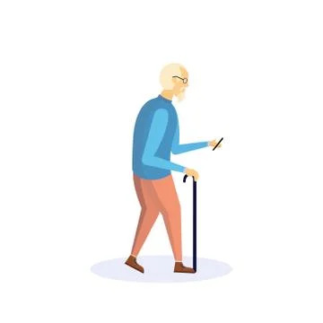 Old man walking stick using smartphone elderly grandfather walk isolated cartoon Stock Illustration