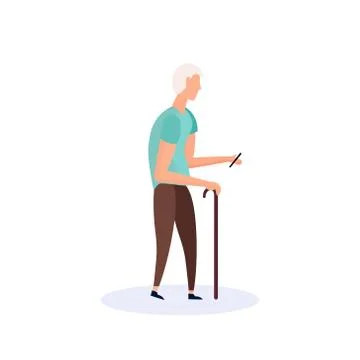 Old man walking stick using smartphone elderly grandfather walk isolated cartoon Stock Illustration