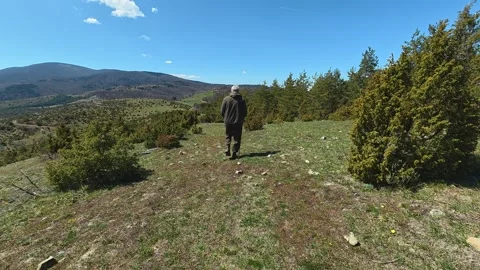 Old man walks alone through sunlit meadow. Balkan, Eastern Europe, POV Video stock 333442260