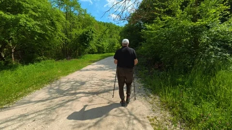 Old man walks with crutches down gravel path. Vrmdza Lake hike. Serbia Stock Footage 338023707