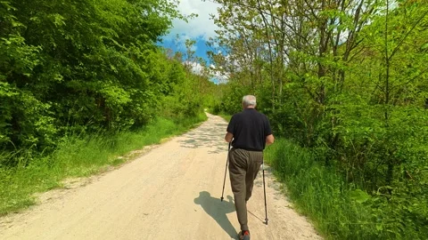 Old man walks slowly through green forest path. Vrmdza Lake hike. Serbia Stock Footage 338023297