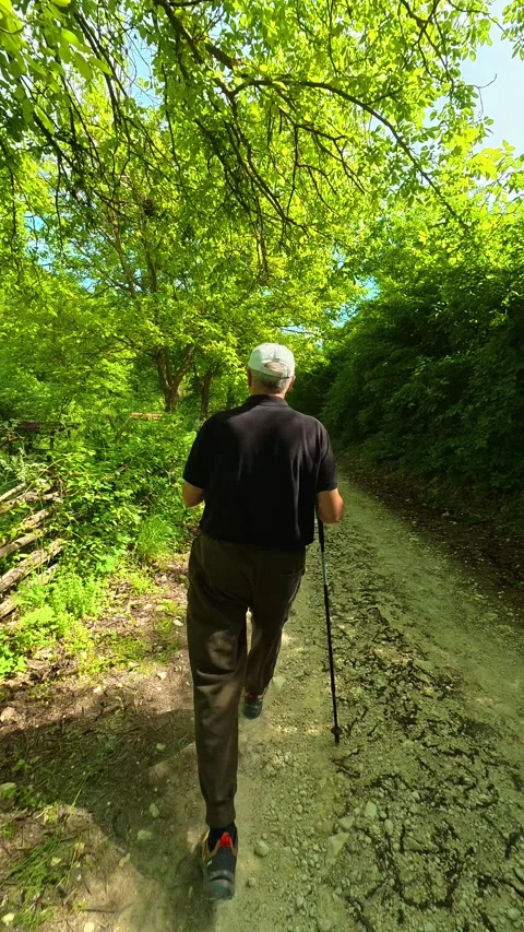 Old man walks slowly, using walking stick. Vrmdza Lake, Serbia. Vertical Stock Footage 338030234