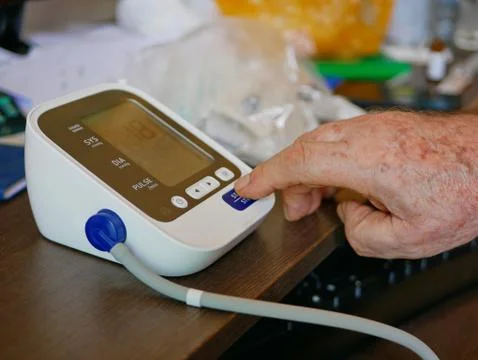 An old man was checking his blood pressure at home by himself Stock Photos