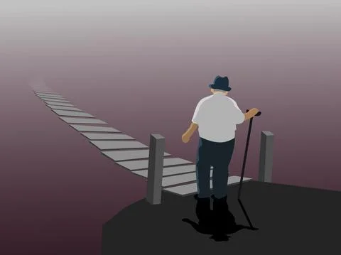 An old man was walking up a bridge towards the misty sky in the background. Stock Illustration