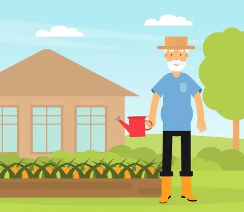 Old Man with Watering Can Doing Gardening Work Vector Illustration Ilustración de archivo