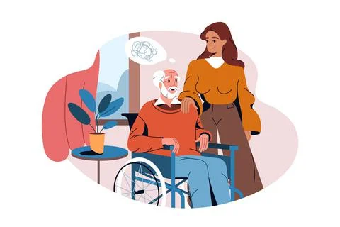 Old man in wheelchair suffer from dementia or alzheimers disease Stock Illustration