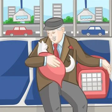 Old man with white cat in red blanket and pet carrier sitting in public bus Illustrazione stock