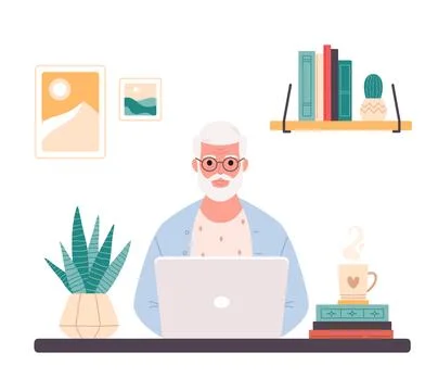 Old man working on computer at home. Online education, web courses 스톡 일러스트