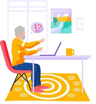 Old man working on laptop computer at home. Online education, web courses Stock Illustration