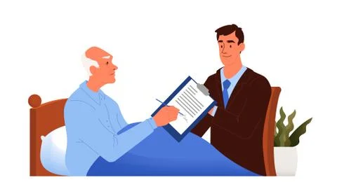Old man write a testament. Senior draw a will. 스톡 일러스트