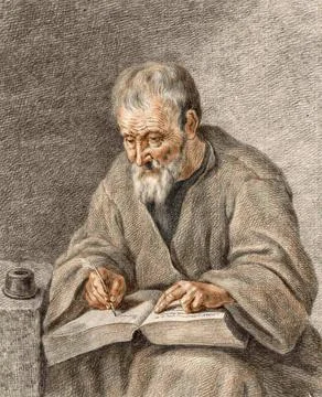 Old Man Writing Notes in a Book 1800 Painting by Abraham Delfos Historic Illustrazione stock