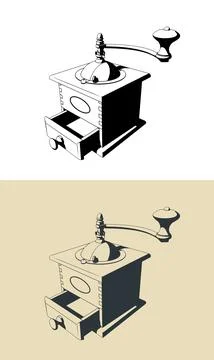 Old manual coffee grinder machine illustrations Stock Illustration