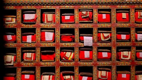 Old manuscripts in library of Thiksey Gompa. Stock Photos