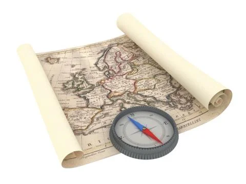 Old Map and Compass Isolated on white Stock Illustration
