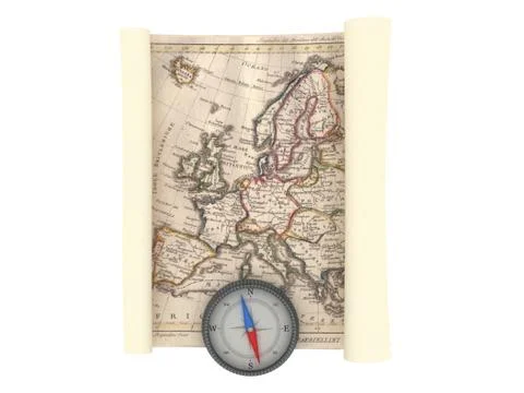 Old Map and Compass Isolated on white Illustrazione stock