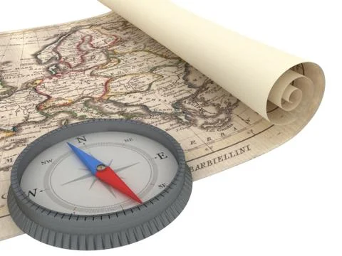 Old Map and Compass Isolated on white Stock Illustration