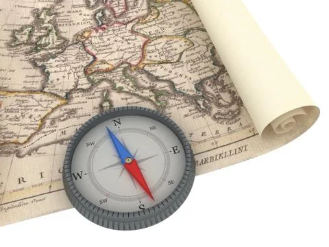 Old Map and Compass Isolated on white Stock Illustration
