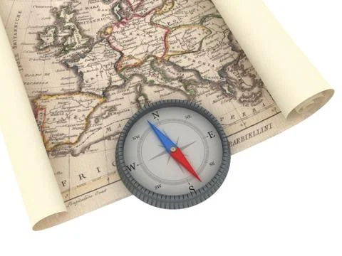 Old Map and Compass Isolated on white Stock Illustration
