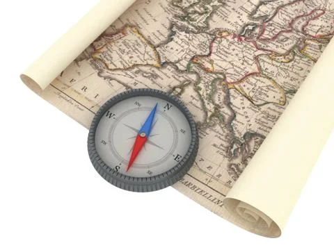 Old Map and Compass Isolated on white Stock Illustration