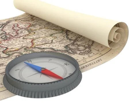 Old Map and Compass Isolated on white Illustrazione stock