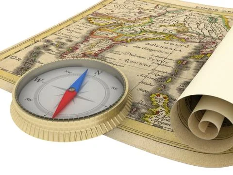 Old Map and Compass Isolated on white Stock Illustration
