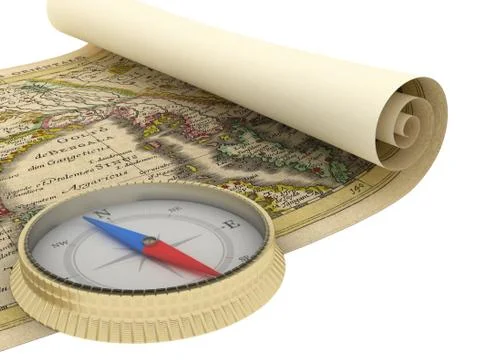 Old Map and Compass Isolated on white Illustrazione stock