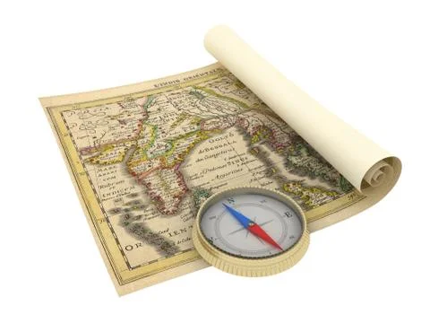 Old Map and Compass Isolated on white Stock Illustration