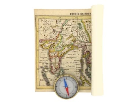 Old Map and Compass Isolated on white Stock Illustration