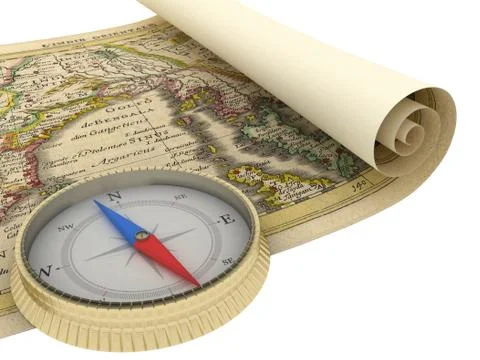 Old Map and Compass Isolated on white Stock Illustration