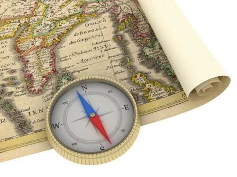Old Map and Compass Isolated on white Stock Illustration