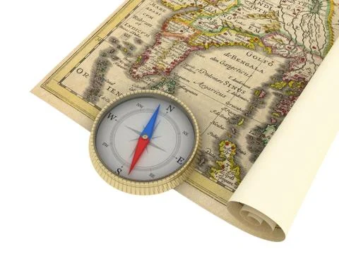 Old Map and Compass Isolated on white Stock Illustration