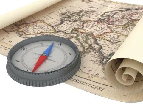 Old Map and Compass Isolated on white Stock Illustration