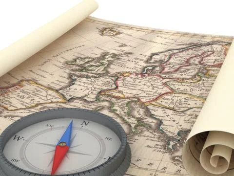Old Map and Compass Isolated on white Stock Illustration
