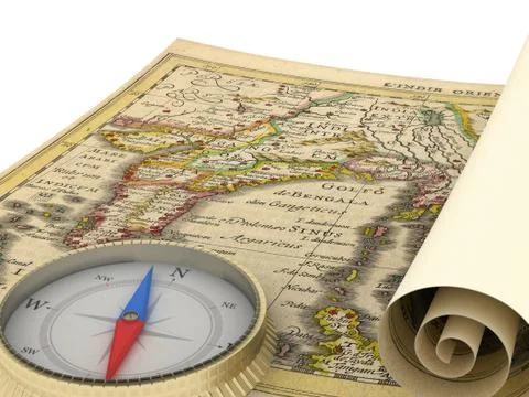 Old Map and Compass Isolated on white Stock Illustration