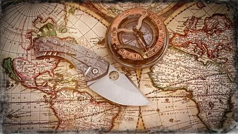 Old map and compass , navigation and geography Stock Photos