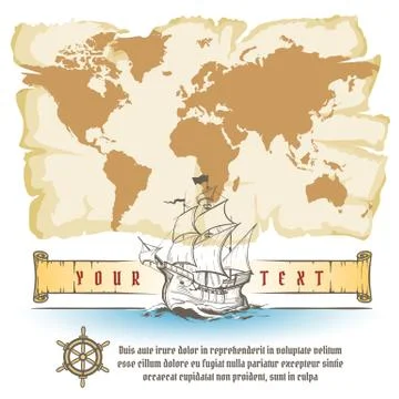 Old Map and Sail Retro Ship with Scroll Stock Illustration
